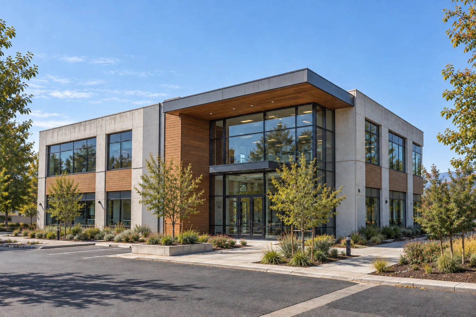 Two-story office building with a glass entrance, wood facade and landscaped frontage