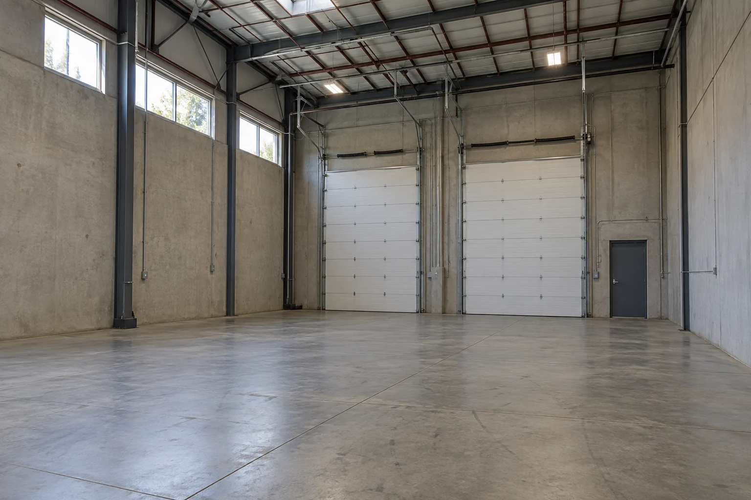 Empty warehouse with exposed steel roof framing, concrete floor and two loading doors