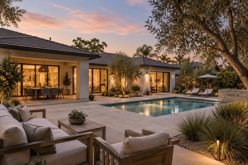 Northern California backyard with a pool, patio and drought-conscious landscaping at dusk.