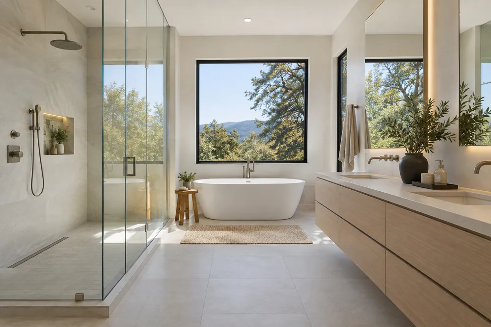 Contemporary Northern California bathroom with pale stone, white oak and soft daylight.