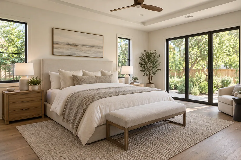 Serene Northern California primary bedroom with layered neutral linens and garden views.