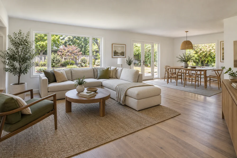 California living-and-dining-room with warm neutral staging and garden windows.