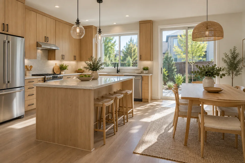 California townhouse kitchen with oak cabinets and natural daylight.